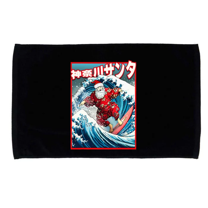 Christmas Meets Japanese Great Wave Santa Surfs Kanagawa Microfiber Hand Towel