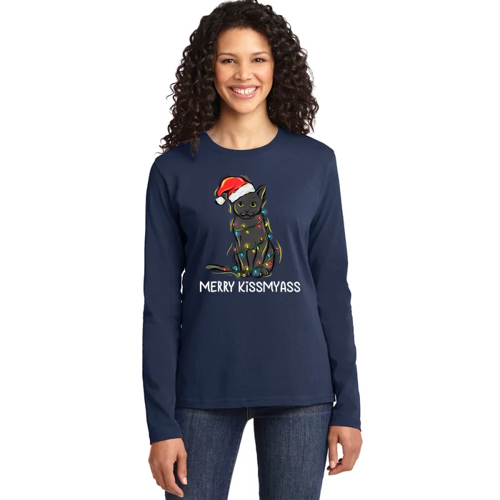 Cat Merry Kissmyass Funny Christmas Lights Ladies Long Sleeve Shirt