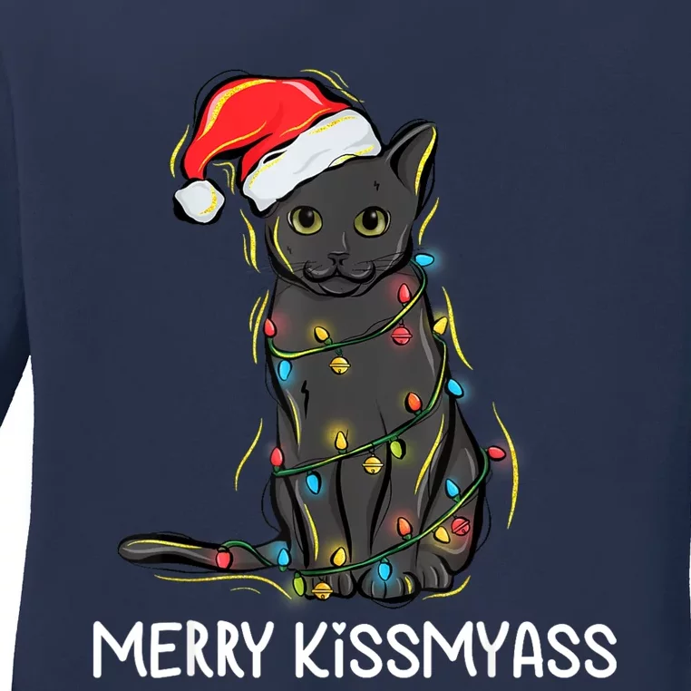 Cat Merry Kissmyass Funny Christmas Lights Ladies Long Sleeve Shirt