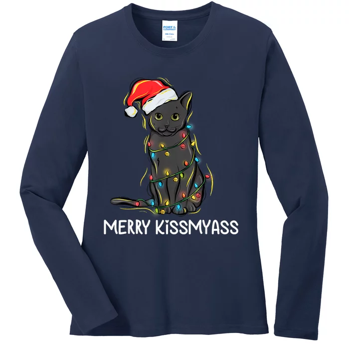 Cat Merry Kissmyass Funny Christmas Lights Ladies Long Sleeve Shirt