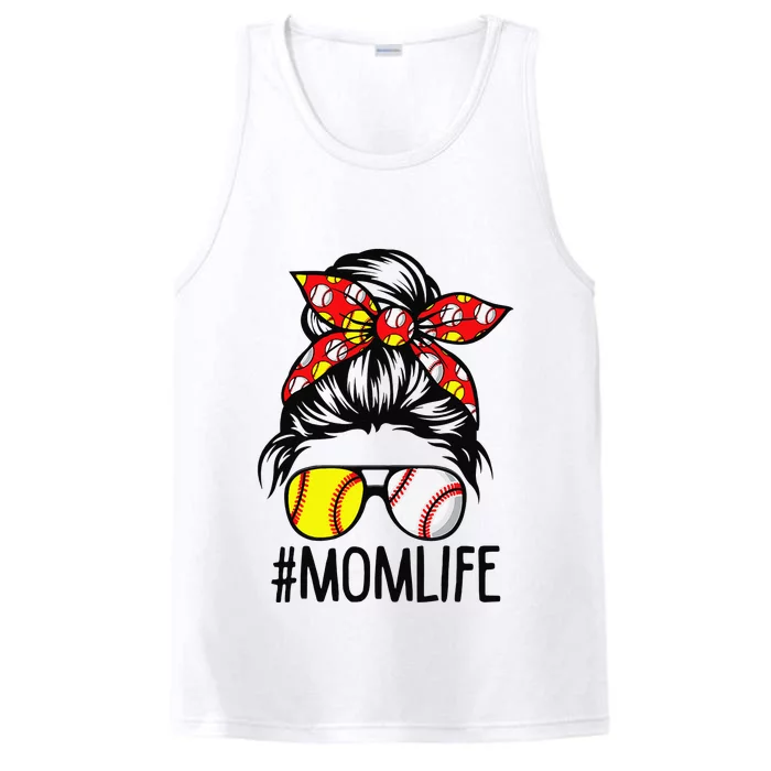 Cute Mom Life Softball Volleyball Mothers Day Messy Bun Performance Tank