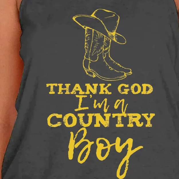 Country Music Lyrics Quotes Thank God IM A Country Boy Women's Knotted Racerback Tank