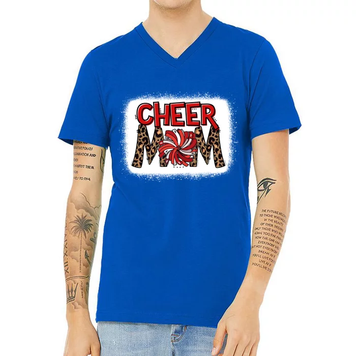 Cheer Mom Leopard Bleached Proud Cheerleader Pom Pom Gift V-Neck T-Shirt