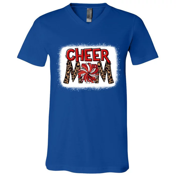 Cheer Mom Leopard Bleached Proud Cheerleader Pom Pom Gift V-Neck T-Shirt