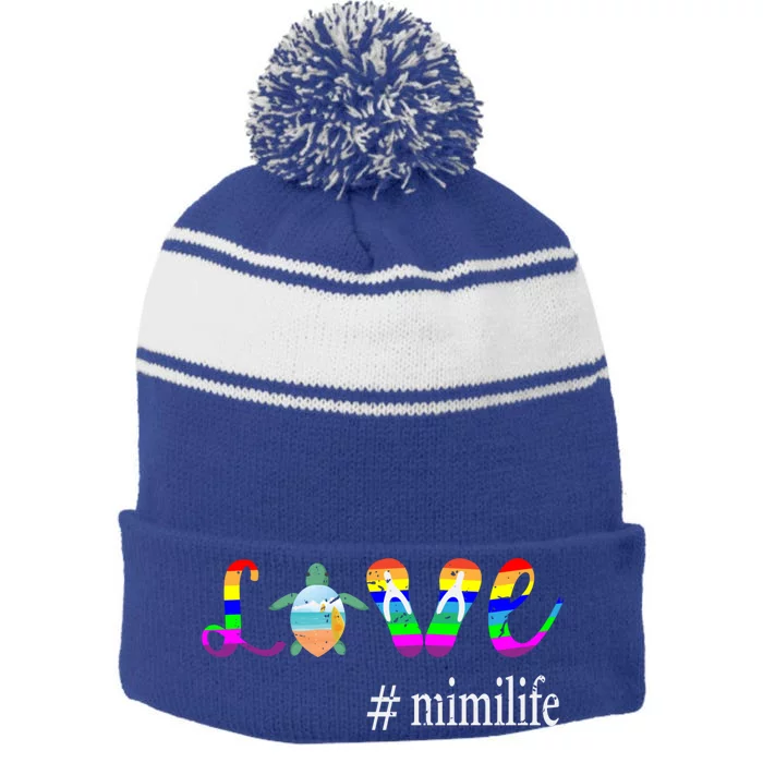 Cool Mom Love Mimi Life Tutrle Mimi Gift Stripe Pom Pom Beanie