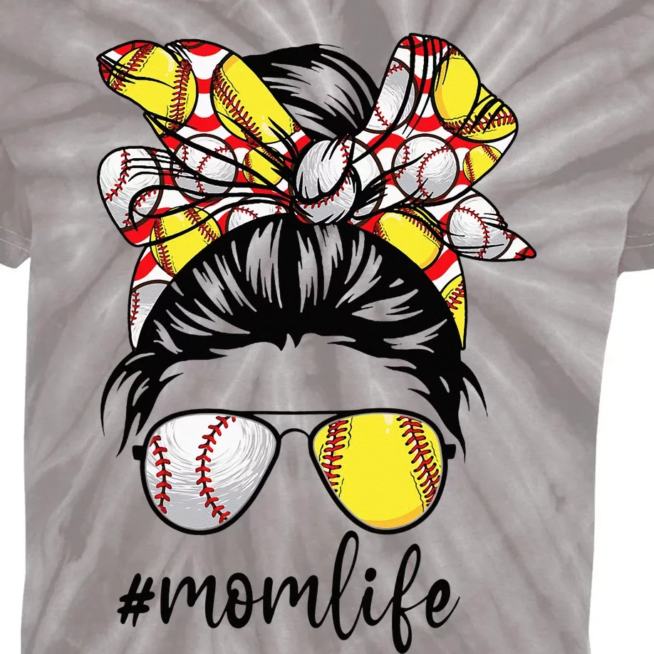 Cute Mom  Life Baseball Softball Messy Bun Mother's Day Kids Tie-Dye T-Shirt