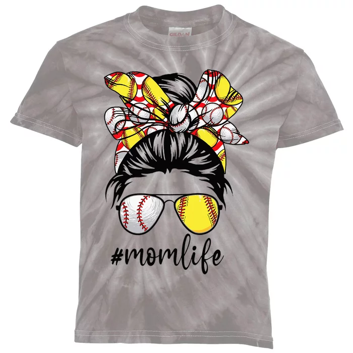 Cute Mom  Life Baseball Softball Messy Bun Mother's Day Kids Tie-Dye T-Shirt