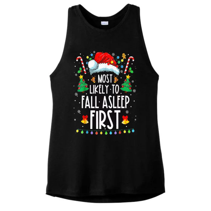 Christmas Most Likely To Fall Asleep First Funny Xmas Family Ladies Tri-Blend Wicking Tank