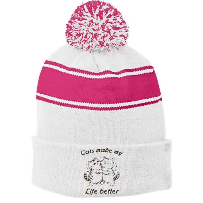 Cats Make My Life Better Cute Dancing Cats Vintage Stripe Pom Pom Beanie