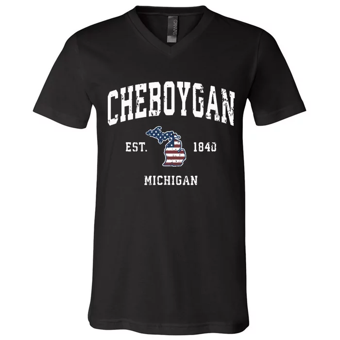 Cheboygan Michigan Mi Vintage American Flag Sports Design V-Neck T-Shirt