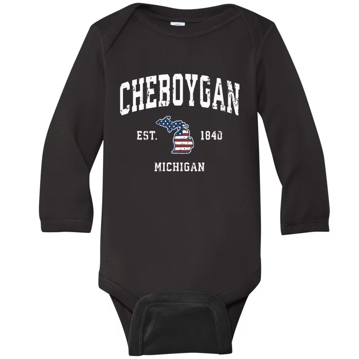 Cheboygan Michigan Mi Vintage American Flag Sports Design Baby Long Sleeve Bodysuit