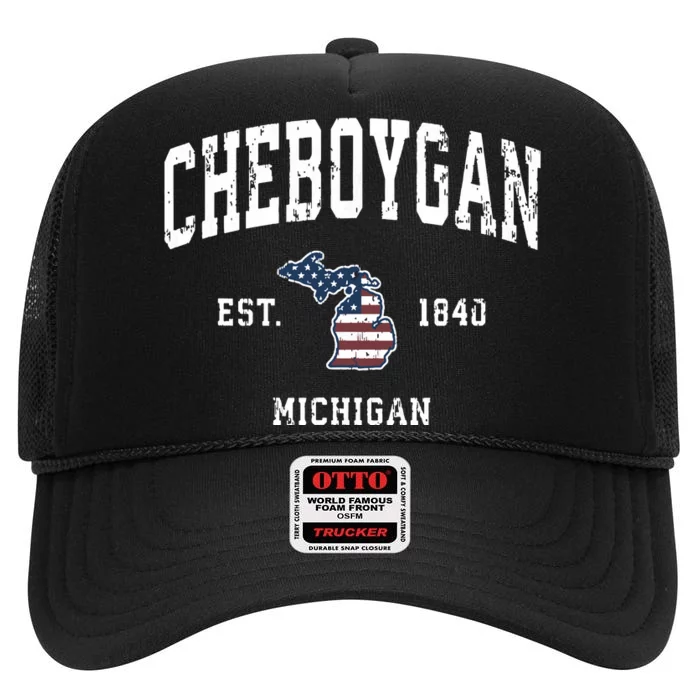 Cheboygan Michigan Mi Vintage American Flag Sports Design High Crown Mesh Trucker Hat