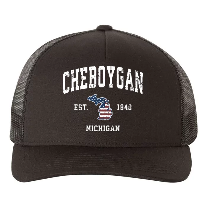 Cheboygan Michigan Mi Vintage American Flag Sports Design Yupoong Adult 5-Panel Trucker Hat