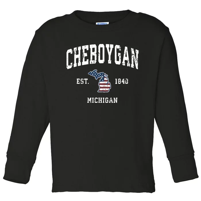 Cheboygan Michigan Mi Vintage American Flag Sports Design Toddler Long Sleeve Shirt