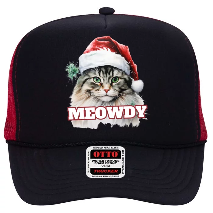 Cat Meme Meowdy Funny Mashup Meow Howdy Christmas Santa Hat Cool Gift High Crown Mesh Trucker Hat