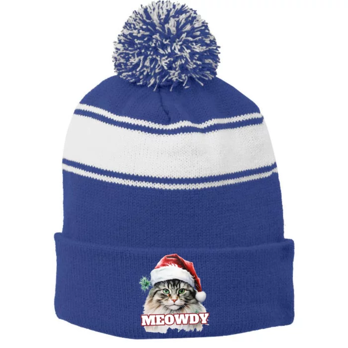 Cat Meme Meowdy Funny Mashup Meow Howdy Christmas Santa Hat Cool Gift Stripe Pom Pom Beanie