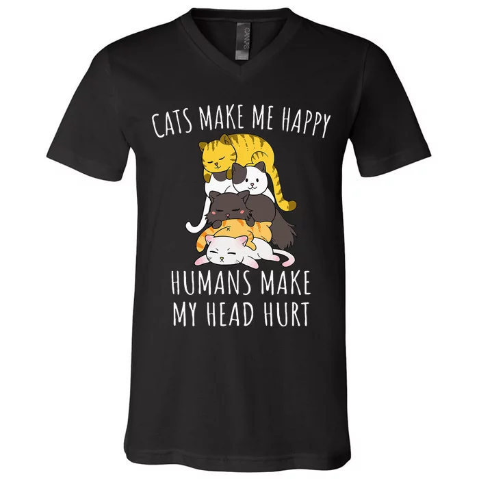 Cats Make Me Happy Humans Make My Head Hurt V-Neck T-Shirt