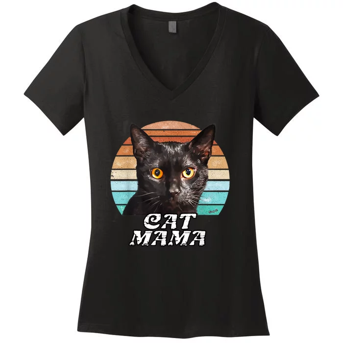 Cat Mama Mom Mothers Day Black Cat Retro Women's V-Neck T-Shirt