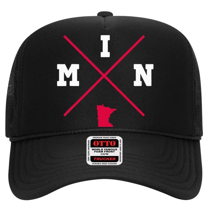 Classic Min Minnesota Red Vintage State Outline High Crown Mesh Trucker Hat