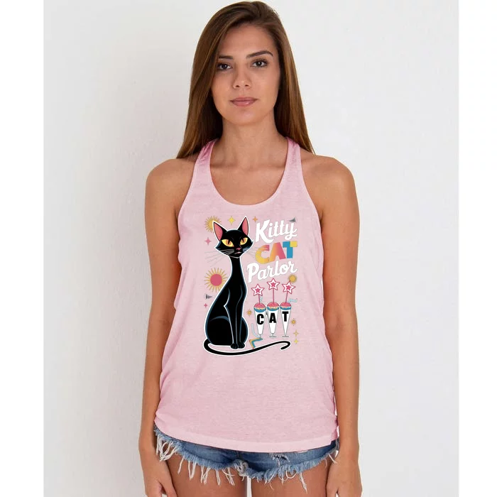 Cool Midcentury Modern Retro Kitty Cat Parlor Funny Gift Women's Knotted Racerback Tank