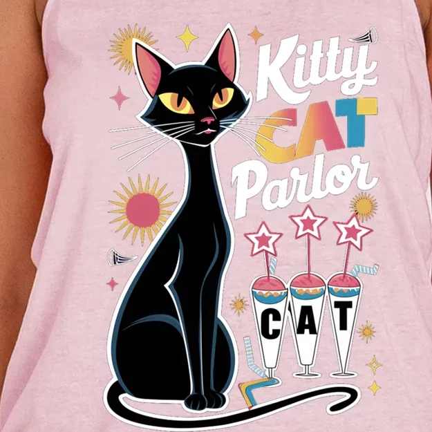 Cool Midcentury Modern Retro Kitty Cat Parlor Funny Gift Women's Knotted Racerback Tank