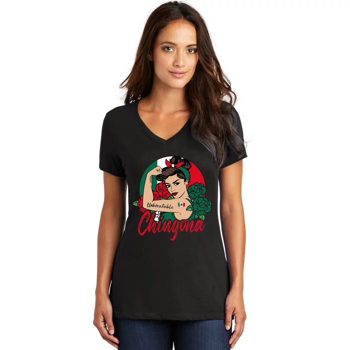 Chingona Mexico Mexican Mujer Mexicana Flag Women's V-Neck T-Shirt