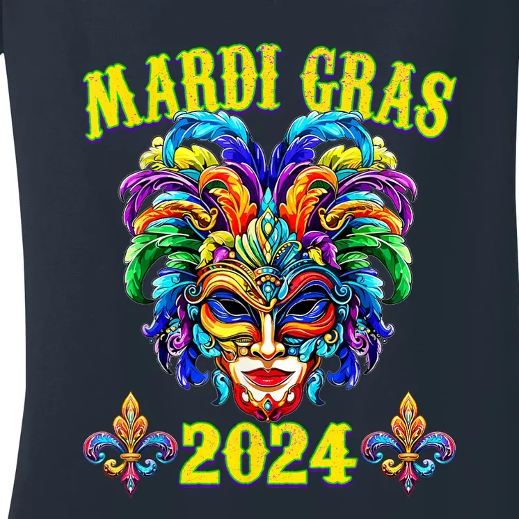 Carnival Mask Mardi Gras 2024 New Orleans Women's V-Neck T-Shirt