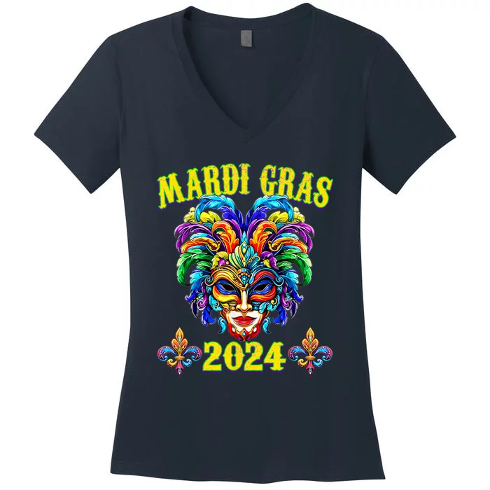 Carnival Mask Mardi Gras 2024 New Orleans Women's V-Neck T-Shirt