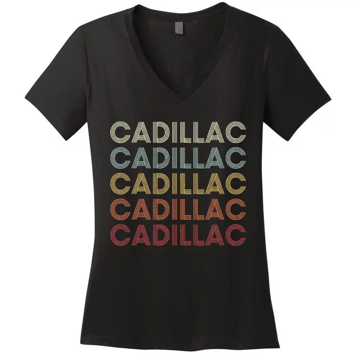 C.A.D..I.L.L.A.C Michigan Mi Retro Vintage Text Women's V-Neck T-Shirt