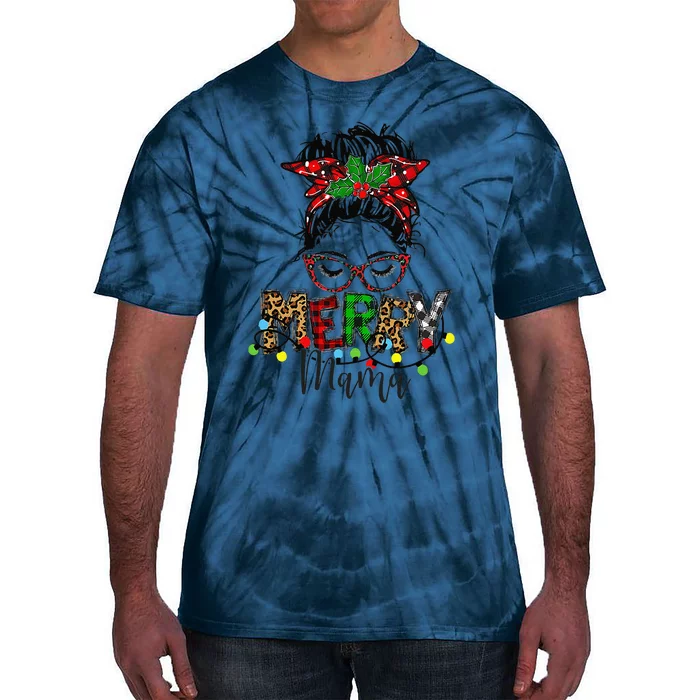 Christmas Merry Mama Messy Bun Hair Christmas Tie-Dye T-Shirt