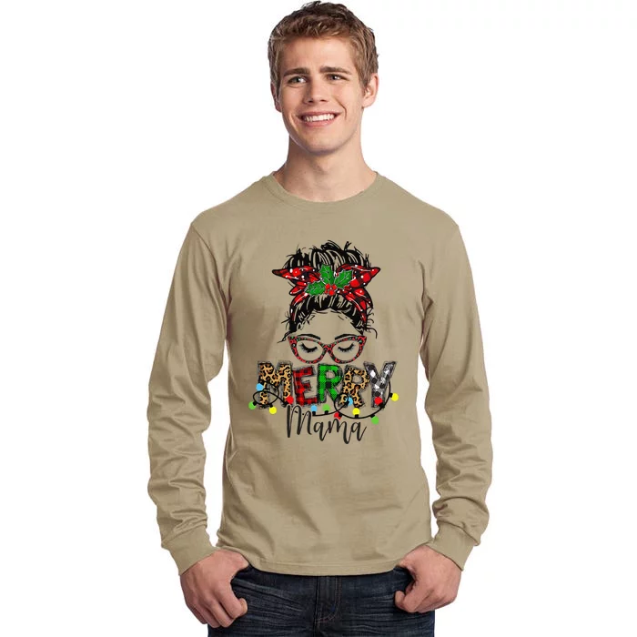 Christmas Merry Mama Messy Bun Hair Christmas Tall Long Sleeve T-Shirt