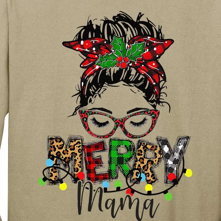 Christmas Merry Mama Messy Bun Hair Christmas Tall Long Sleeve T-Shirt