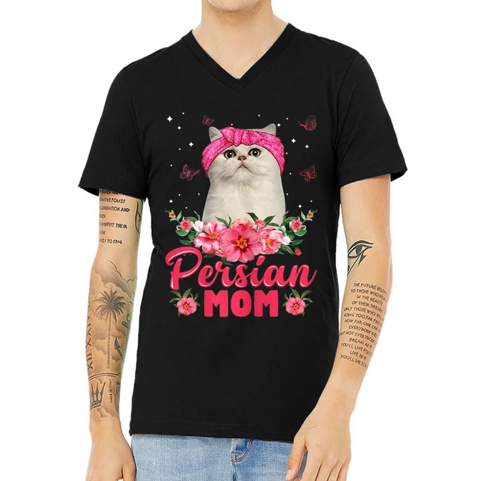 Cat Mom MotherS Day Gifts Flowers Persian Mom V-Neck T-Shirt