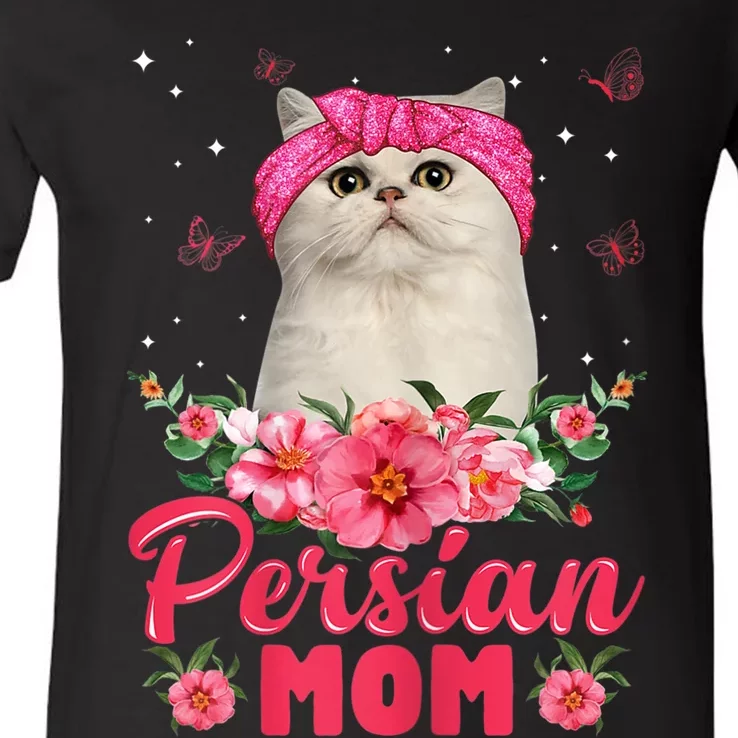 Cat Mom MotherS Day Gifts Flowers Persian Mom V-Neck T-Shirt