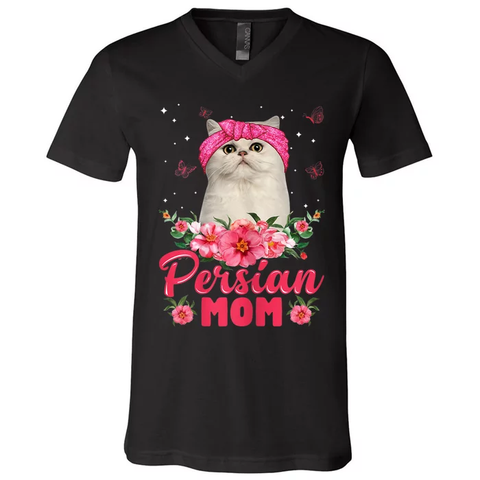 Cat Mom MotherS Day Gifts Flowers Persian Mom V-Neck T-Shirt