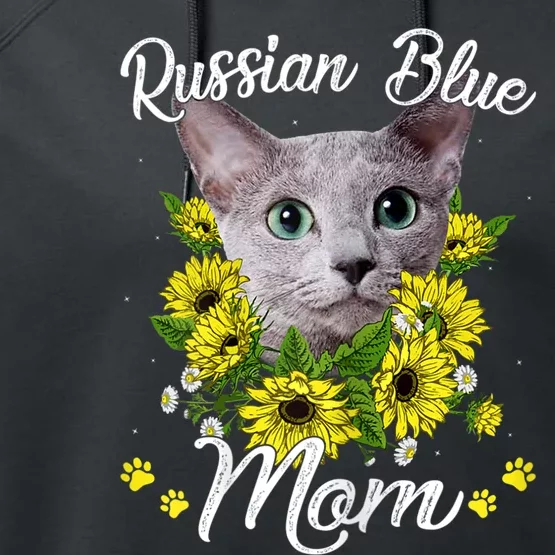 Cat Mom MotherS Day Kitten Sunflower Russian Blue Mom Performance Fleece Hoodie