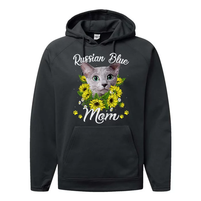 Cat Mom MotherS Day Kitten Sunflower Russian Blue Mom Performance Fleece Hoodie