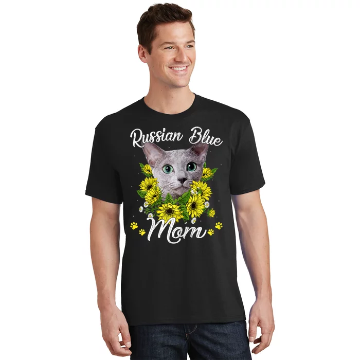 Cat Mom MotherS Day Kitten Sunflower Russian Blue Mom T-Shirt