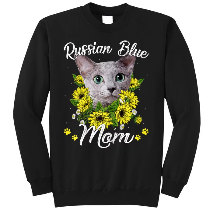 Cat Mom MotherS Day Kitten Sunflower Russian Blue Mom Tall Sweatshirt