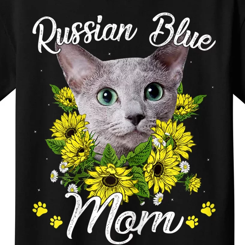 Cat Mom MotherS Day Kitten Sunflower Russian Blue Mom Kids T-Shirt