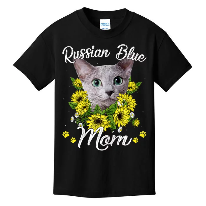 Cat Mom MotherS Day Kitten Sunflower Russian Blue Mom Kids T-Shirt