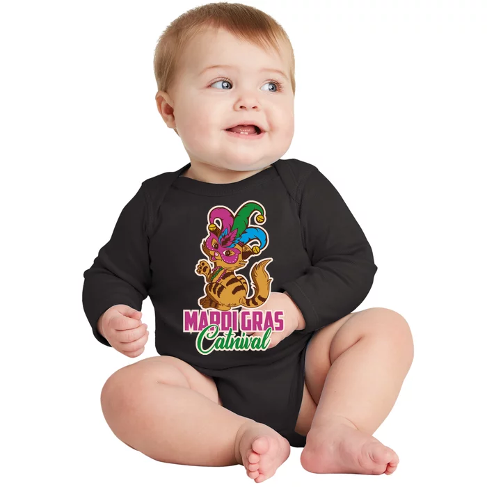 Cat Meow Mardi Gras Catnival Funny Mardi Gras Baby Long Sleeve Bodysuit