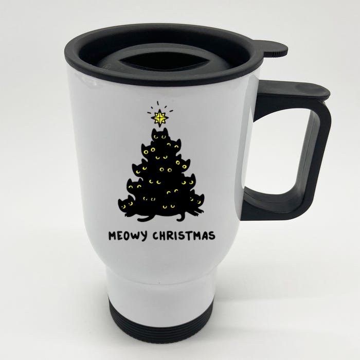 Christmas Merry Meowy Funny Gift Cats Christmas Tree Sweater Gift Front & Back Stainless Steel Travel Mug