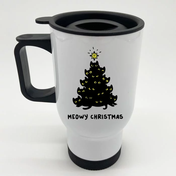 Christmas Merry Meowy Funny Gift Cats Christmas Tree Sweater Gift Front & Back Stainless Steel Travel Mug