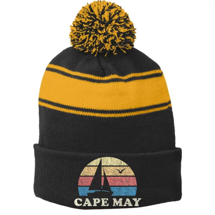 Cape May Nj Vintage Sailboat 70s Throwback Sunset Stripe Pom Pom Beanie