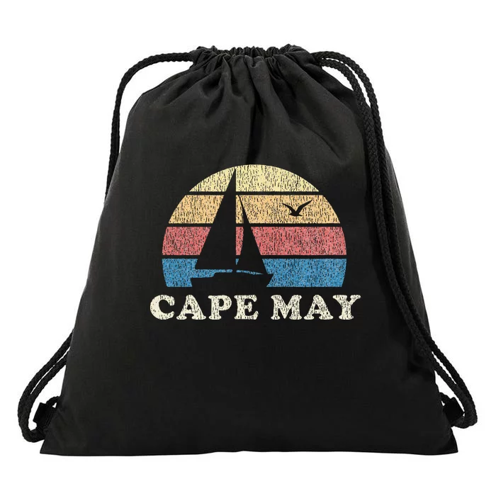 Cape May Nj Vintage Sailboat 70s Throwback Sunset Drawstring Bag