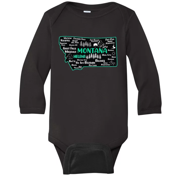 Cute map of Montana Helena Missoula Billings Kalispell Baby Long Sleeve Bodysuit