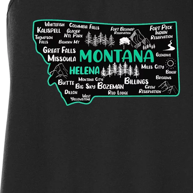 Cute map of Montana Helena Missoula Billings Kalispell Women's Racerback Tank