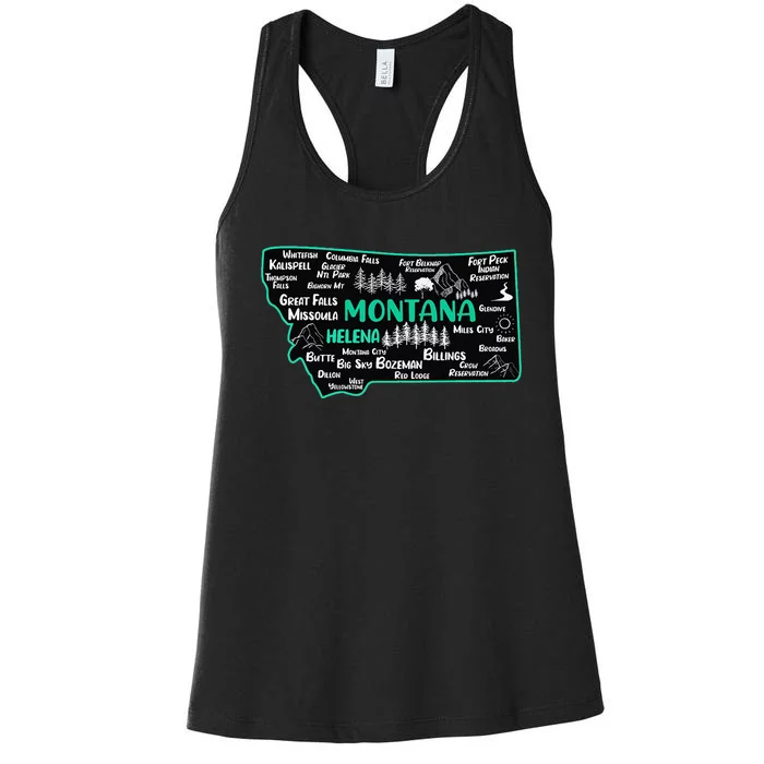 Cute map of Montana Helena Missoula Billings Kalispell Women's Racerback Tank