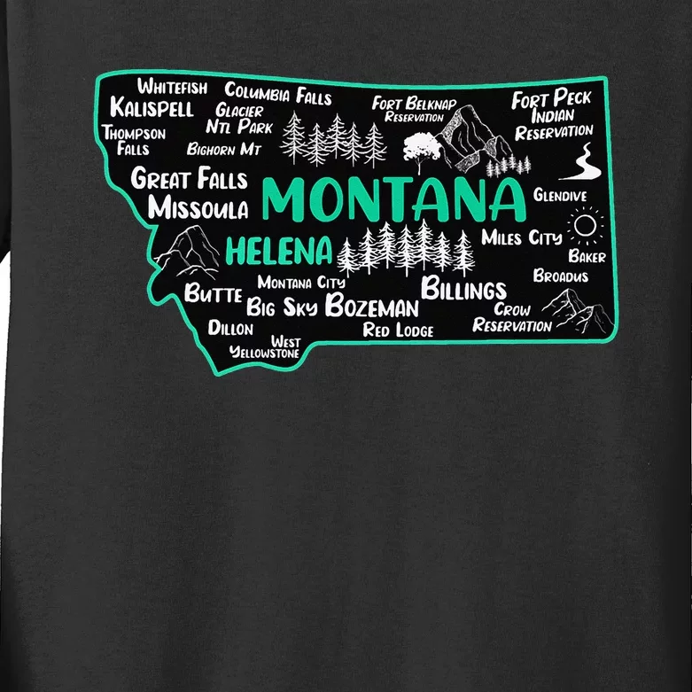 Cute map of Montana Helena Missoula Billings Kalispell Kids Long Sleeve Shirt